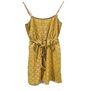 Floral Lace Mini Dress Women's Mustard Yellow Boho Cottage Tie Waist Sundress M
